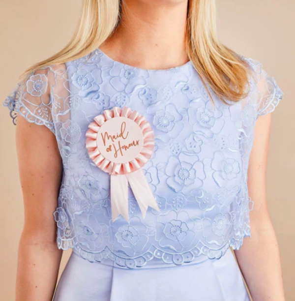 Hen Party Maid of Honour Rosette Style Pink Satin Badge by Hootyballoo