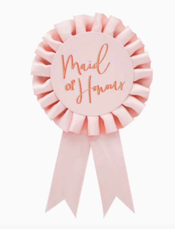 Hen Party Maid of Honour Rosette Style Pink Satin Badge by Hootyballoo