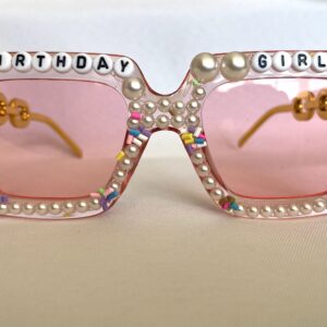 Birthday Girl Pink Rose Tinted Square Pearl Sunglasses for Fun Birthday Personalised Keepsake Birthday Gift