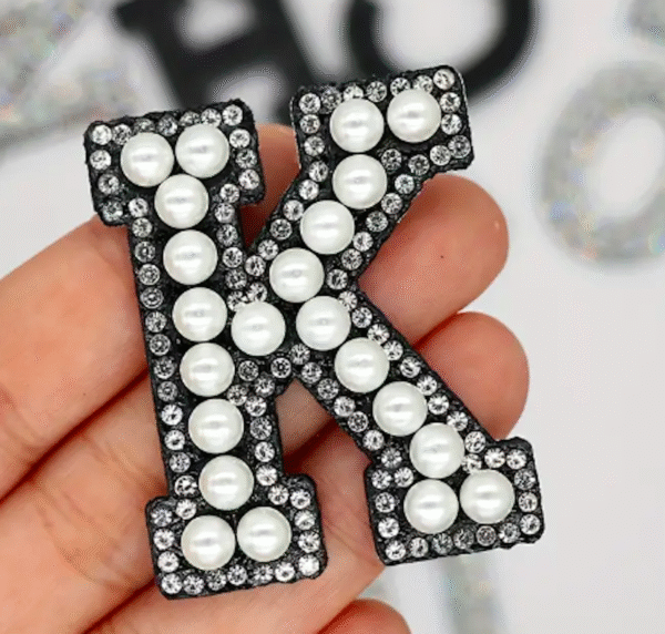 Pearl and Diamante Letter Patch 4.5cm Black Background