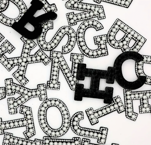 Pearl Diamante Letter Patch in Black